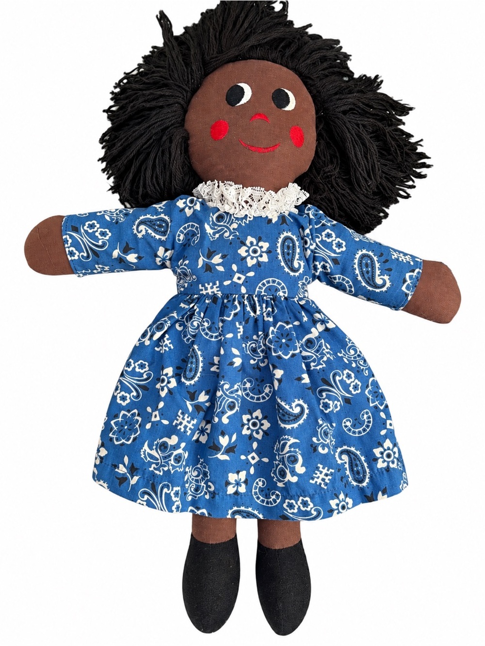Vintage Handmade Cloth Doll in Blue Paisley Dress with Black Yarn Hair